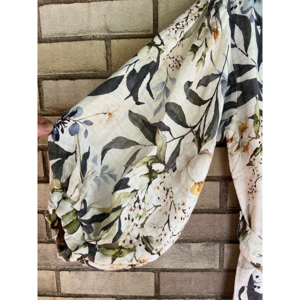Bambah Floral Linen Balloon Sleeve Tiered Midi Dress Medium Ivory Blue Green - Picture 2 of 7